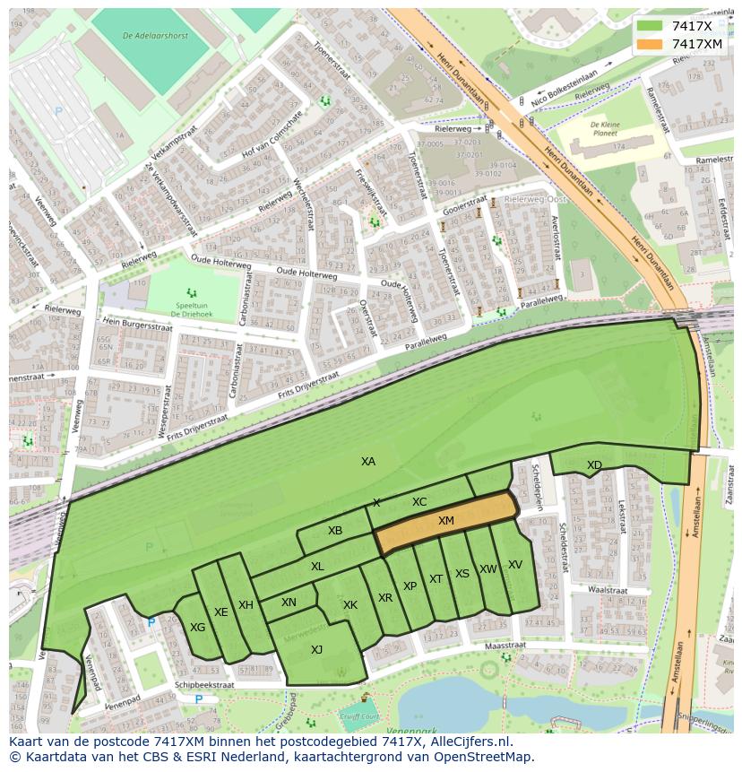 Afbeelding van het postcodegebied 7417 XM op de kaart.