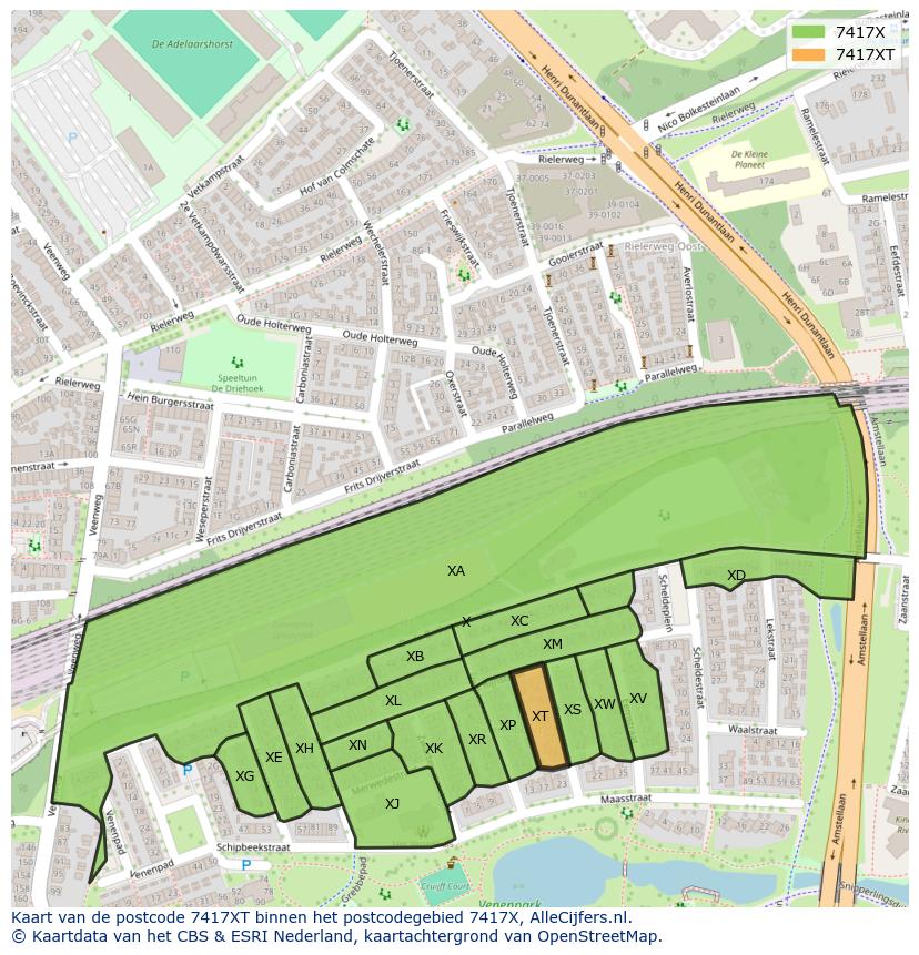 Afbeelding van het postcodegebied 7417 XT op de kaart.