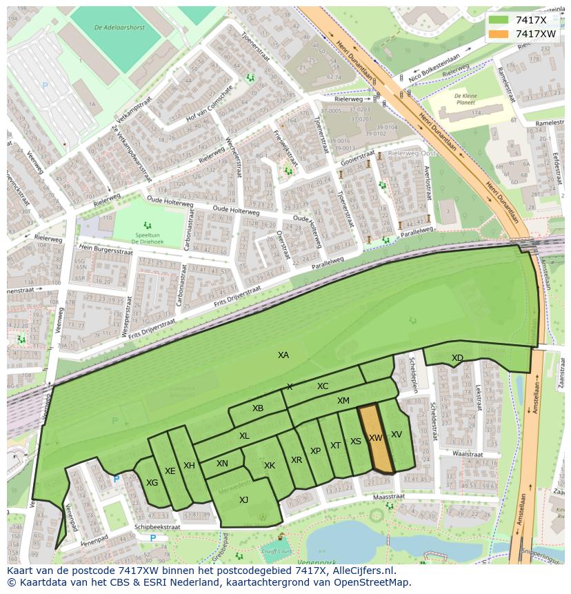 Afbeelding van het postcodegebied 7417 XW op de kaart.