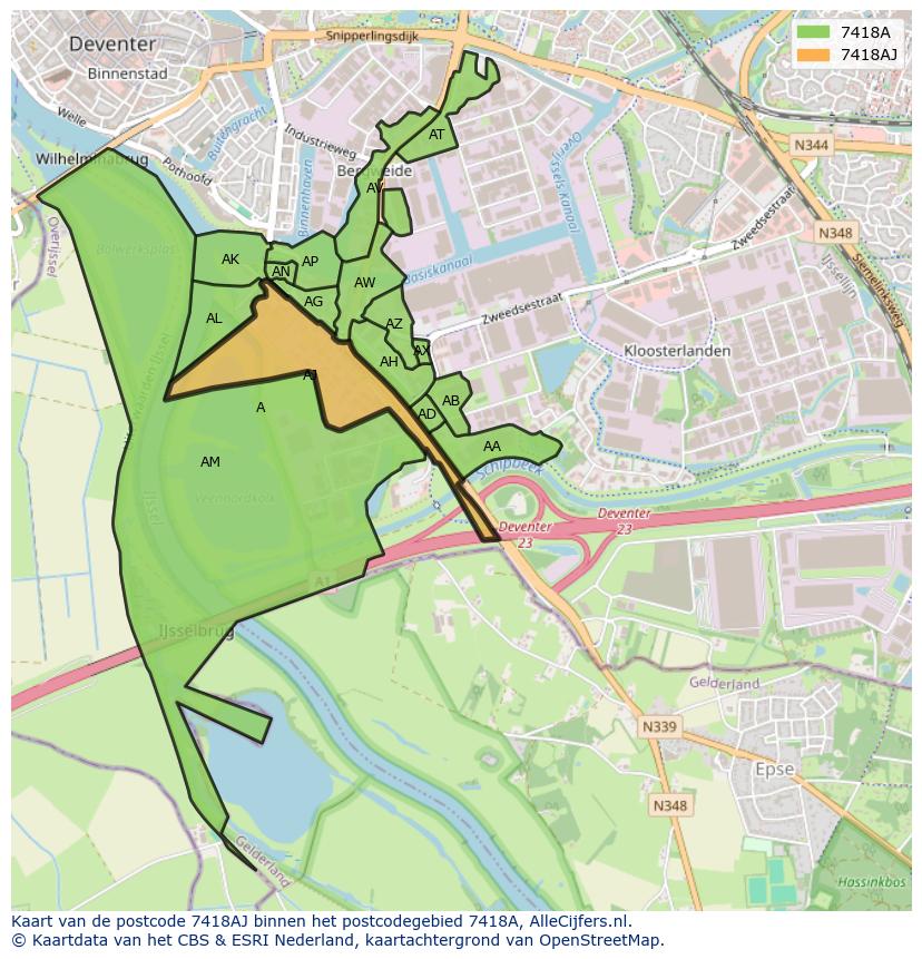 Afbeelding van het postcodegebied 7418 AJ op de kaart.