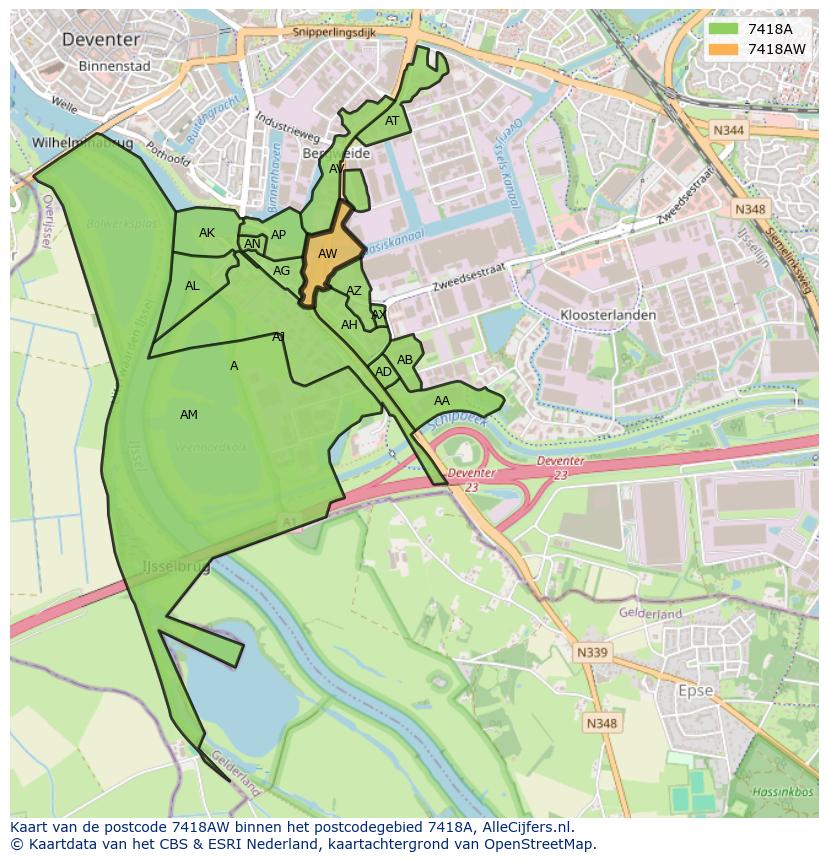 Afbeelding van het postcodegebied 7418 AW op de kaart.