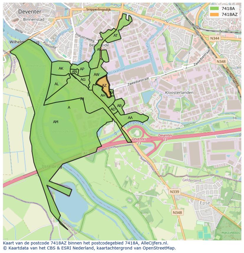 Afbeelding van het postcodegebied 7418 AZ op de kaart.