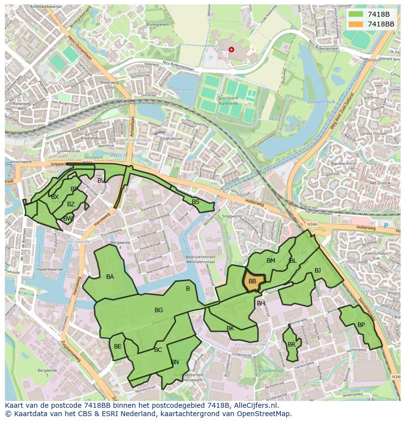 Afbeelding van het postcodegebied 7418 BB op de kaart.