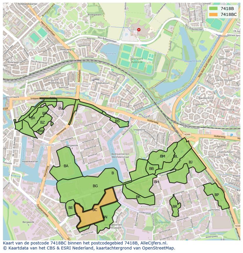 Afbeelding van het postcodegebied 7418 BC op de kaart.