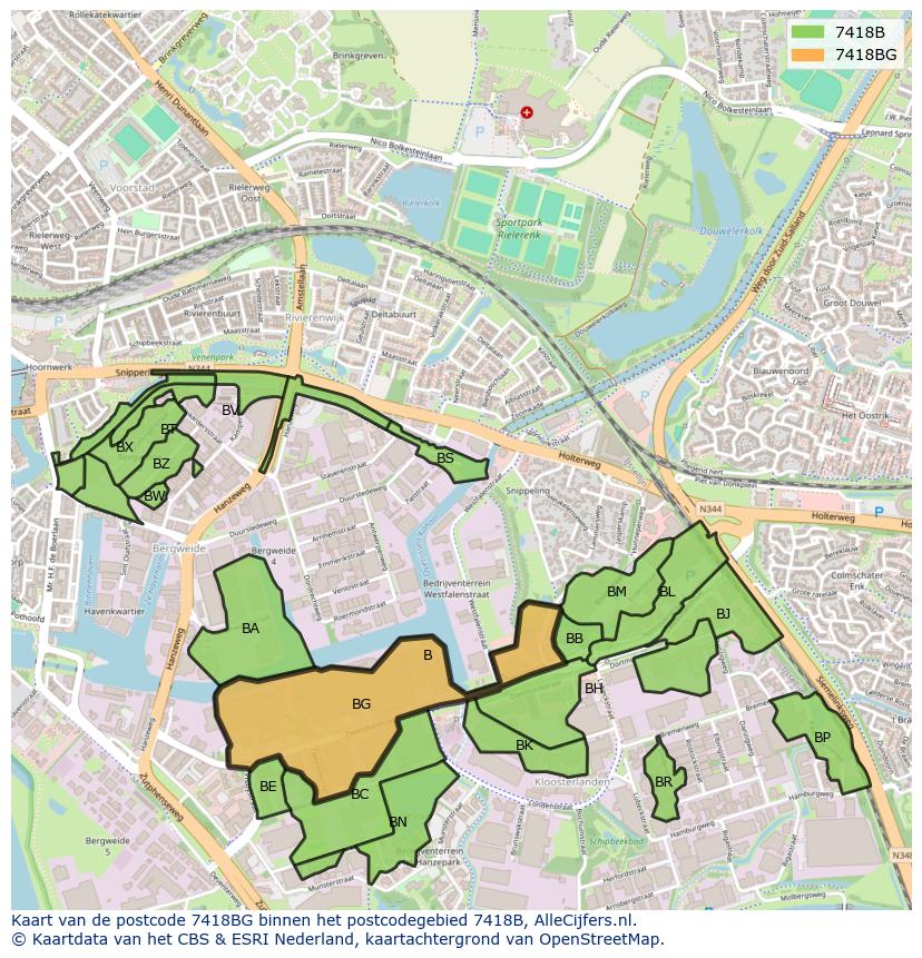 Afbeelding van het postcodegebied 7418 BG op de kaart.
