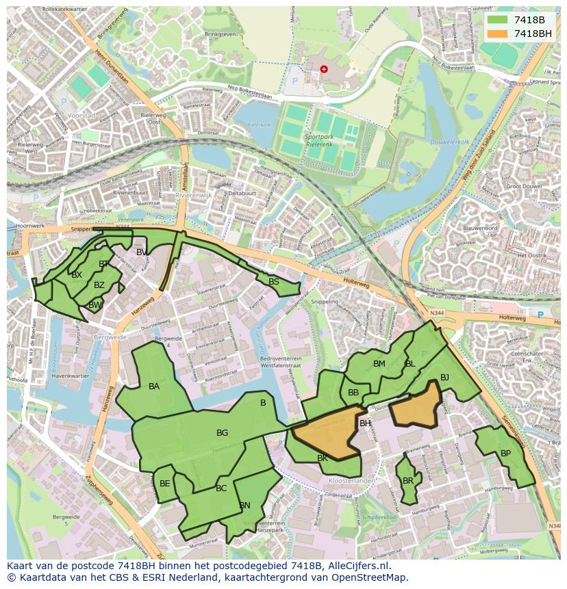 Afbeelding van het postcodegebied 7418 BH op de kaart.