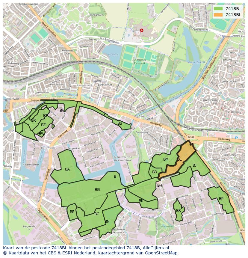 Afbeelding van het postcodegebied 7418 BL op de kaart.