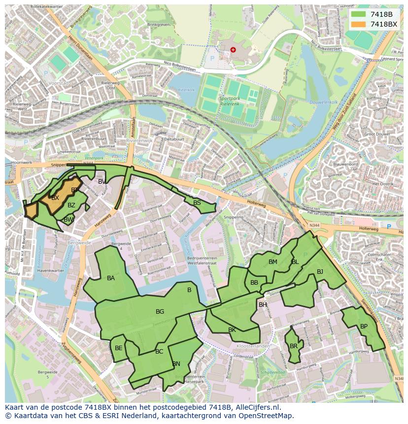 Afbeelding van het postcodegebied 7418 BX op de kaart.