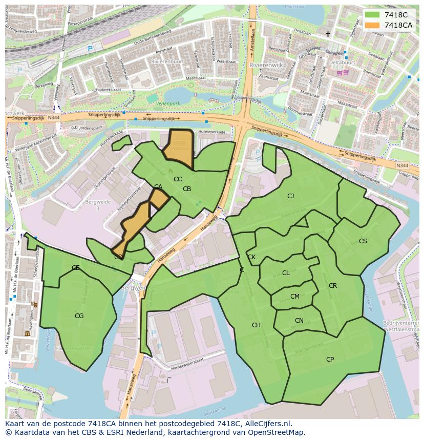 Afbeelding van het postcodegebied 7418 CA op de kaart.