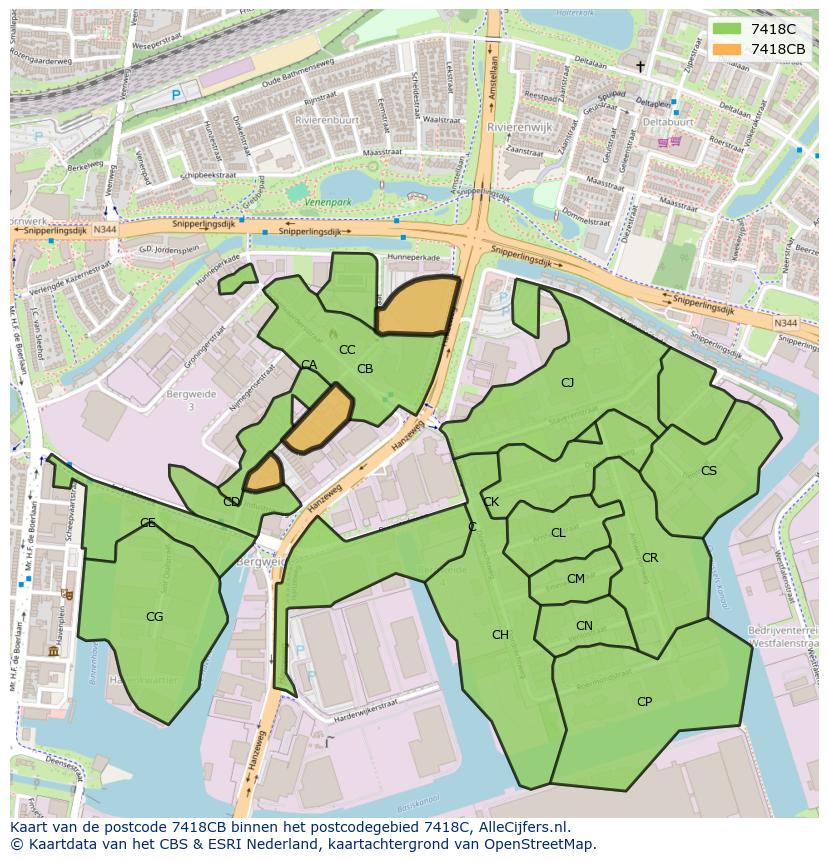 Afbeelding van het postcodegebied 7418 CB op de kaart.