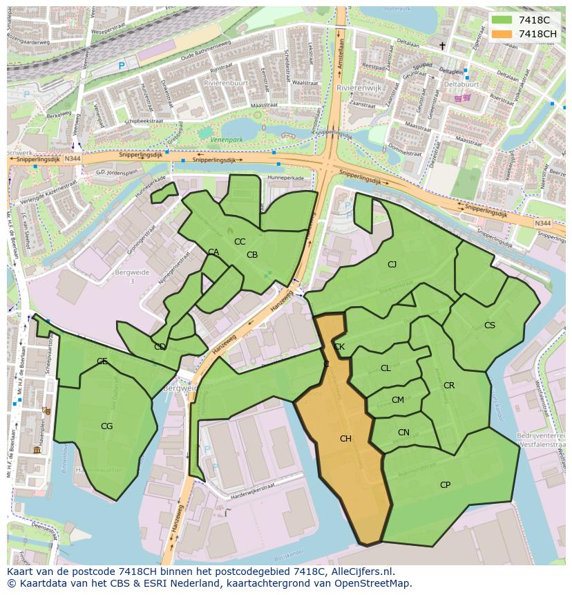Afbeelding van het postcodegebied 7418 CH op de kaart.