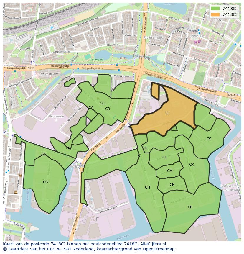 Afbeelding van het postcodegebied 7418 CJ op de kaart.
