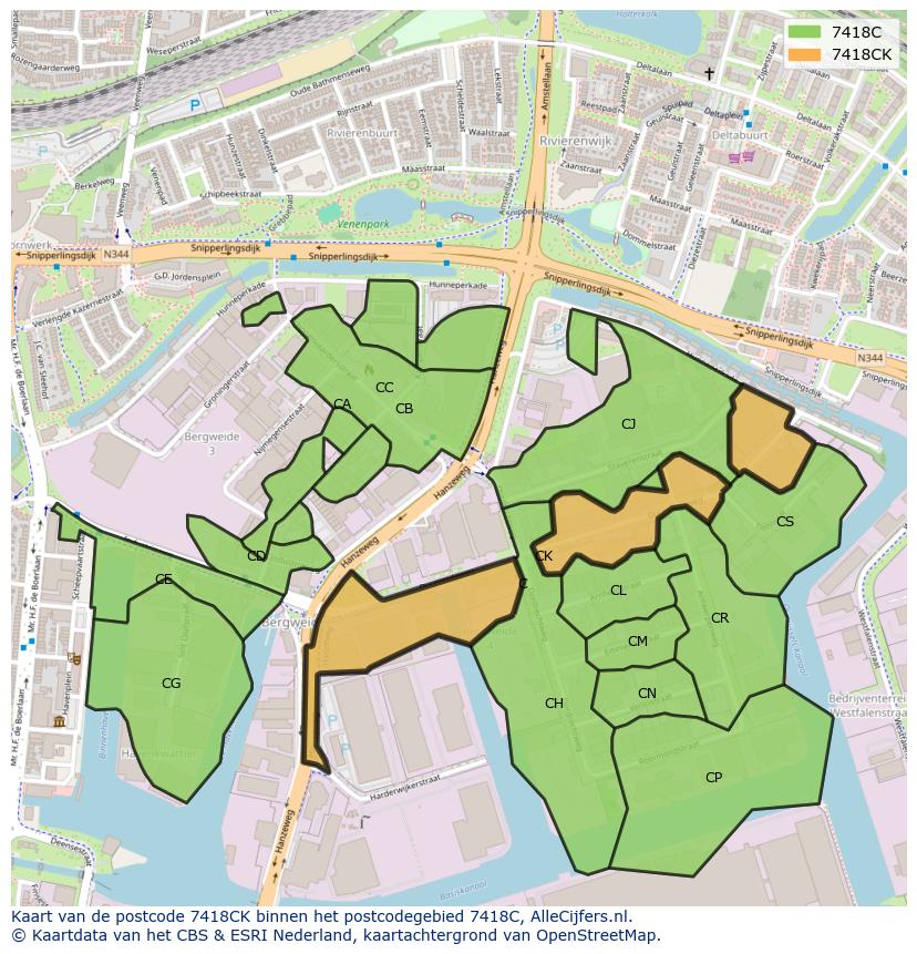 Afbeelding van het postcodegebied 7418 CK op de kaart.