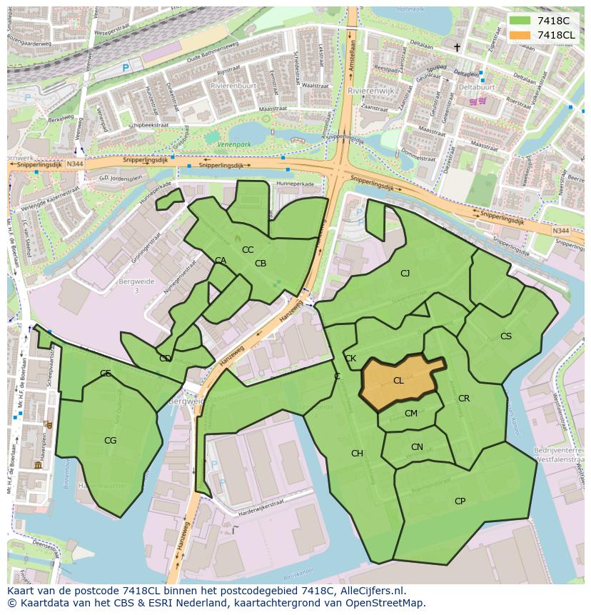 Afbeelding van het postcodegebied 7418 CL op de kaart.