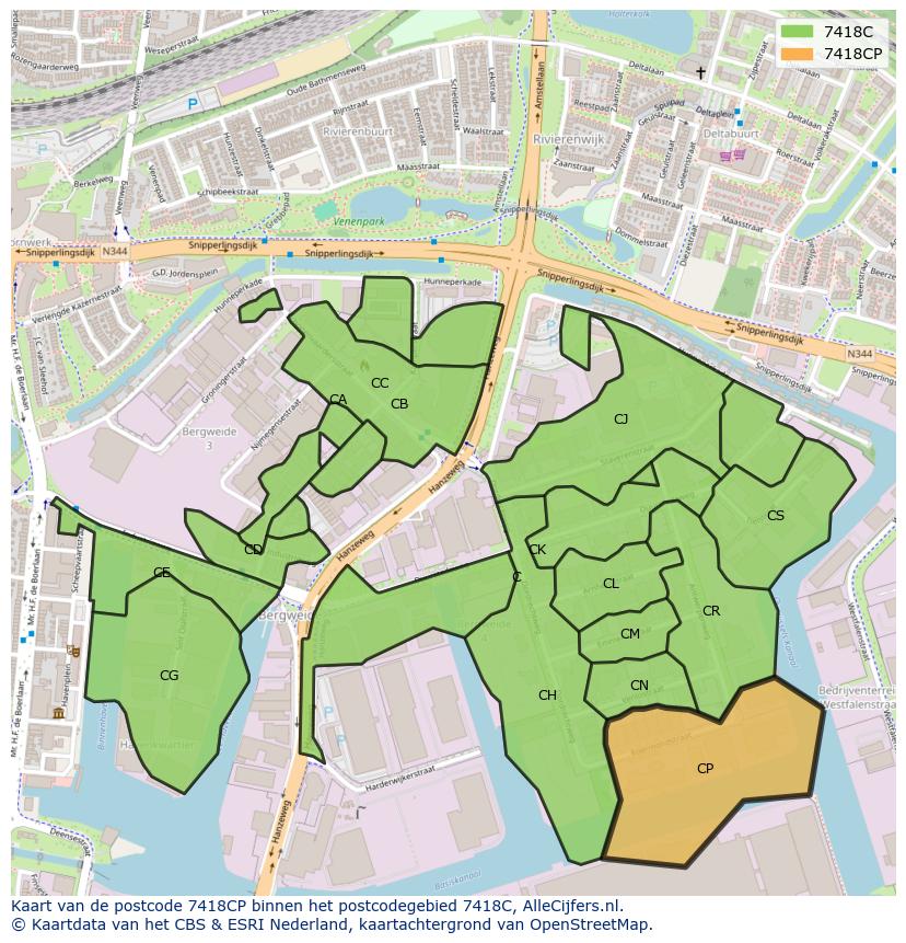 Afbeelding van het postcodegebied 7418 CP op de kaart.