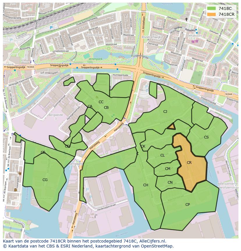 Afbeelding van het postcodegebied 7418 CR op de kaart.