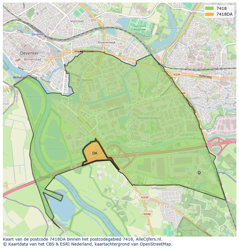 Afbeelding van het postcodegebied 7418 DA op de kaart.