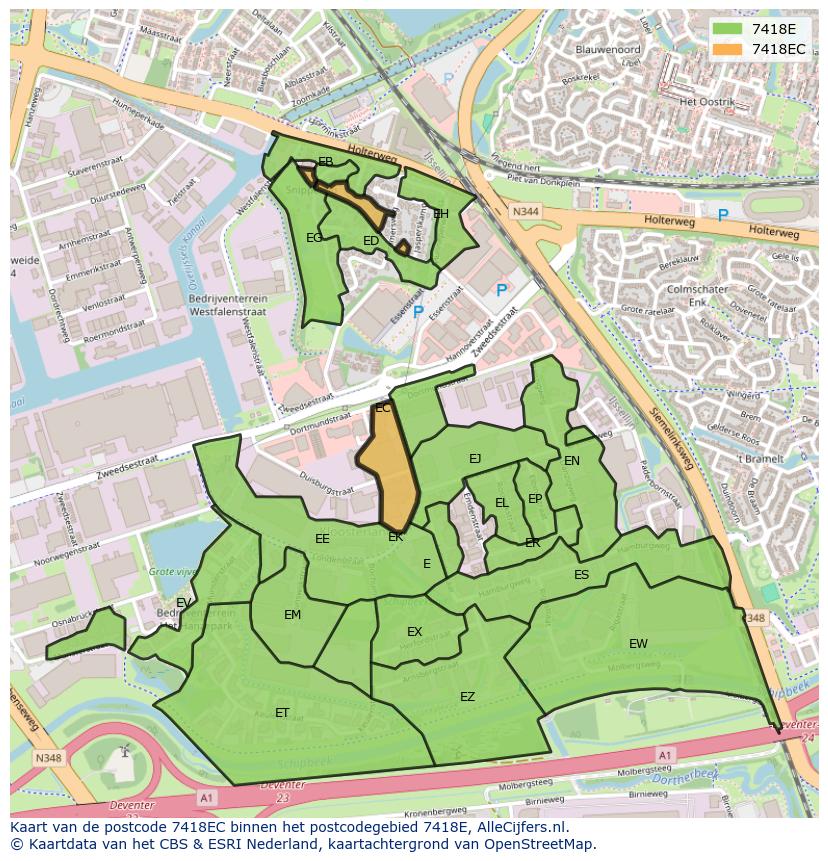 Afbeelding van het postcodegebied 7418 EC op de kaart.