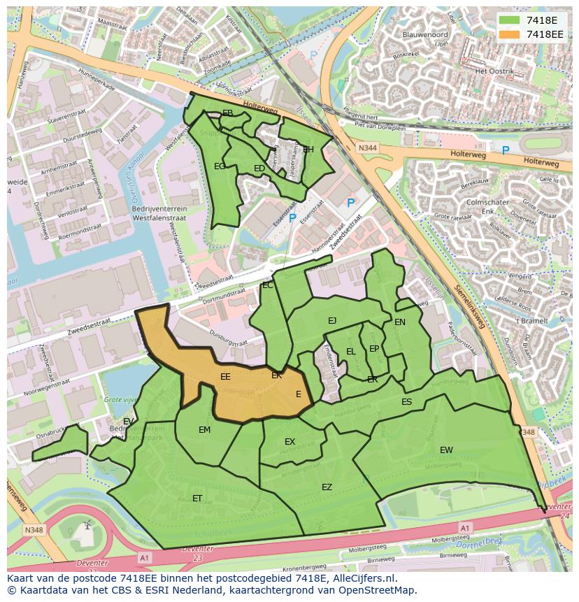 Afbeelding van het postcodegebied 7418 EE op de kaart.