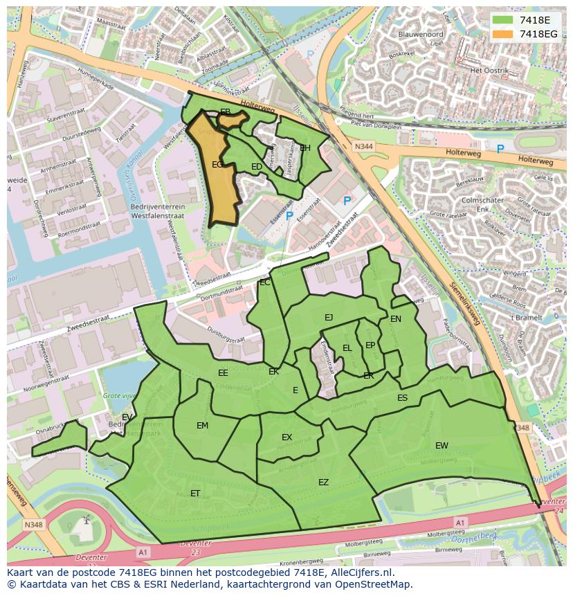 Afbeelding van het postcodegebied 7418 EG op de kaart.