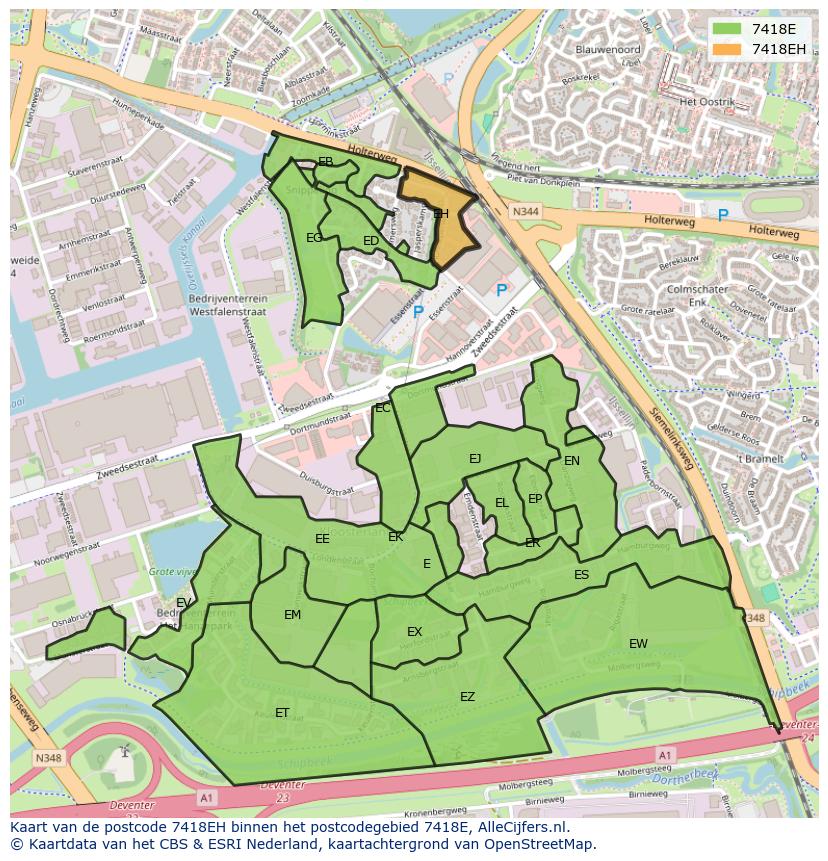 Afbeelding van het postcodegebied 7418 EH op de kaart.