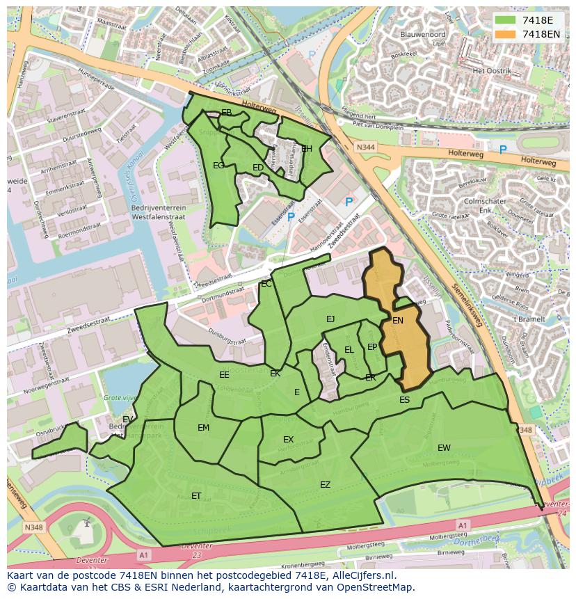 Afbeelding van het postcodegebied 7418 EN op de kaart.