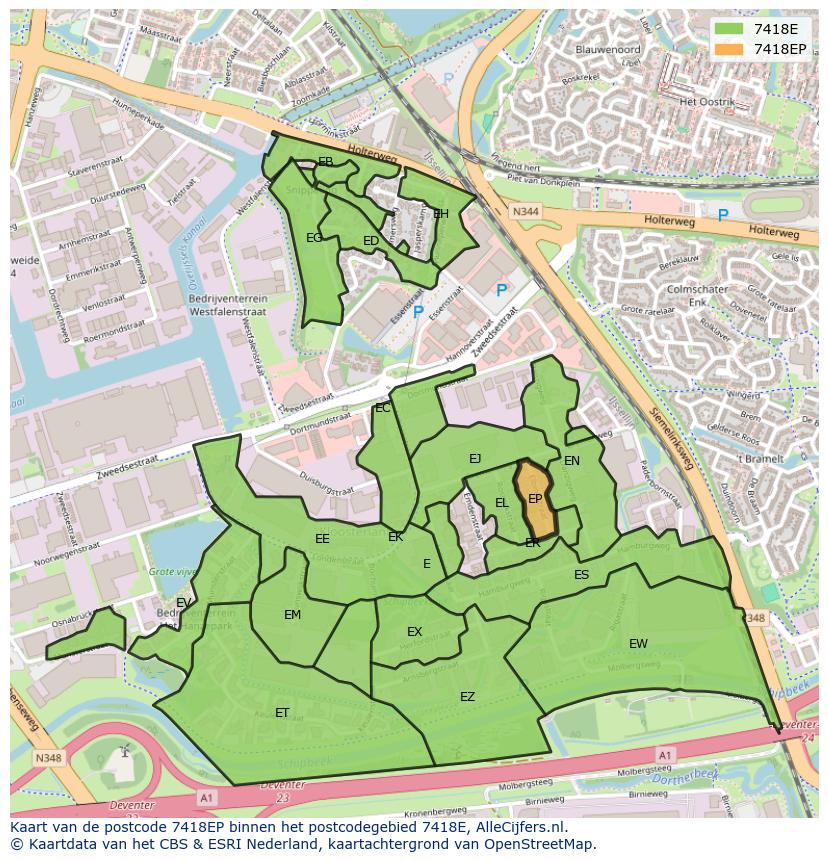 Afbeelding van het postcodegebied 7418 EP op de kaart.