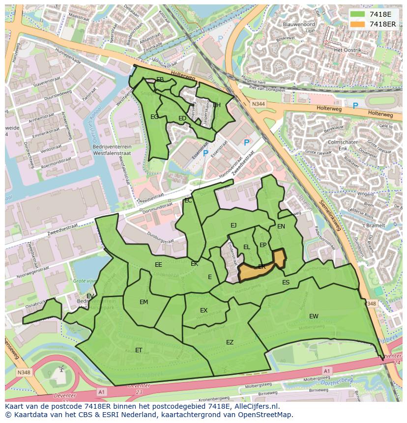 Afbeelding van het postcodegebied 7418 ER op de kaart.