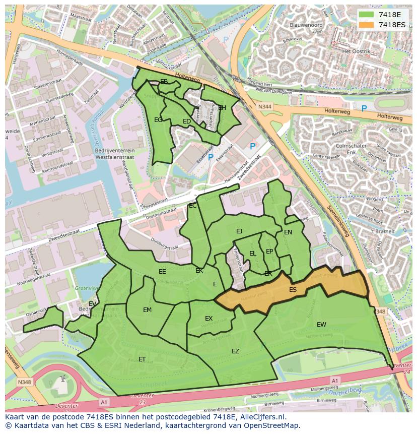 Afbeelding van het postcodegebied 7418 ES op de kaart.