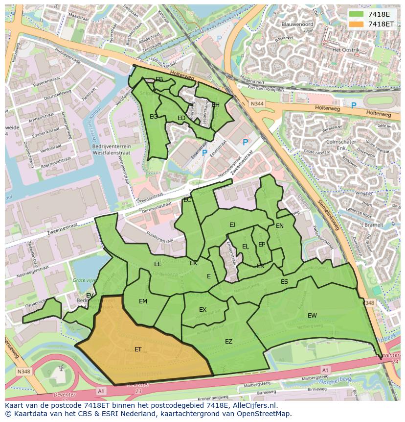 Afbeelding van het postcodegebied 7418 ET op de kaart.