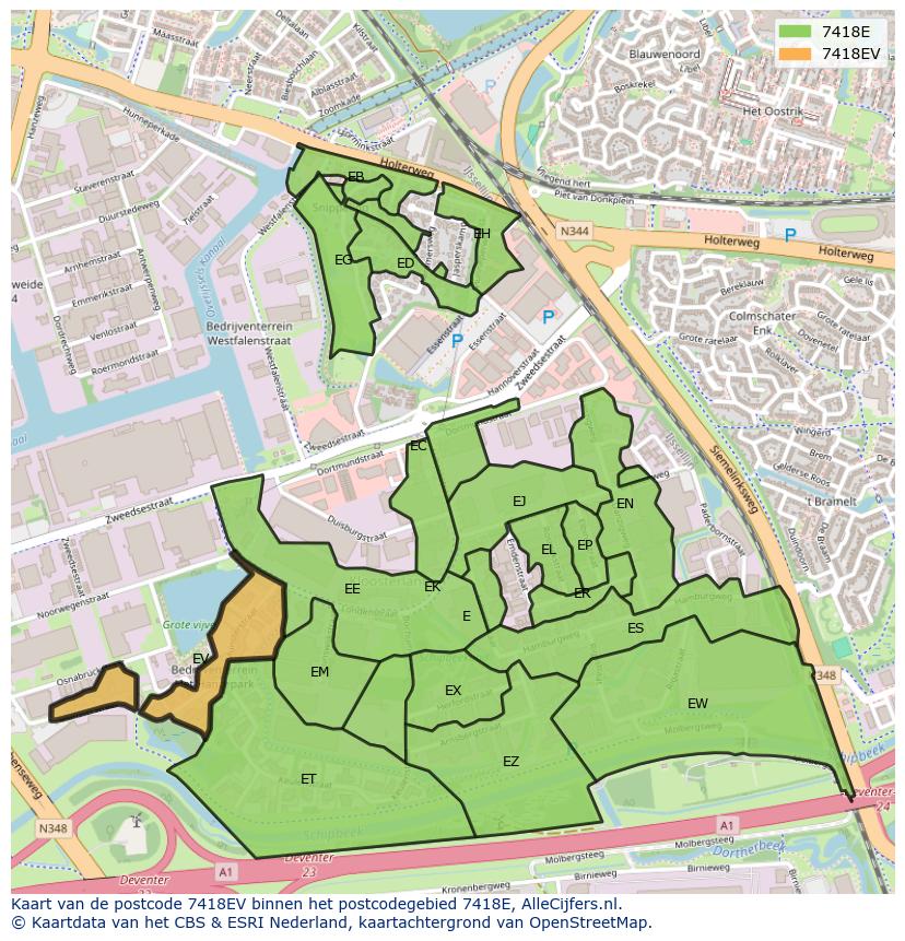 Afbeelding van het postcodegebied 7418 EV op de kaart.