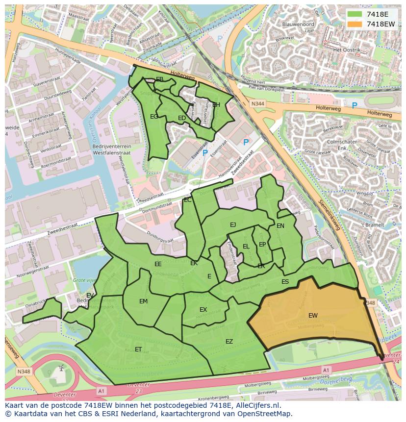 Afbeelding van het postcodegebied 7418 EW op de kaart.