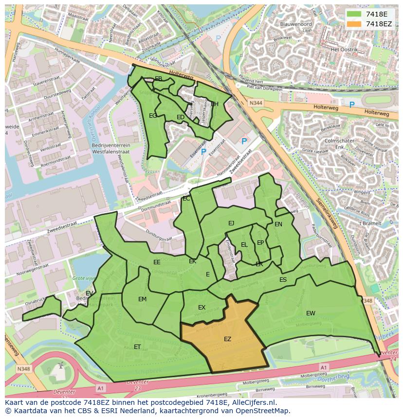 Afbeelding van het postcodegebied 7418 EZ op de kaart.
