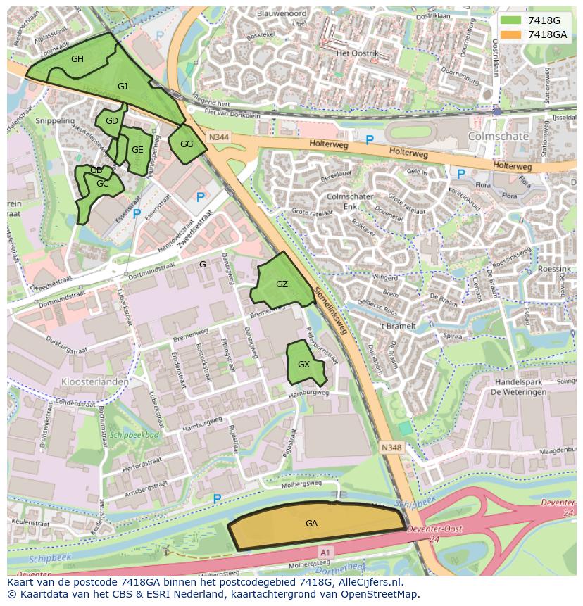 Afbeelding van het postcodegebied 7418 GA op de kaart.