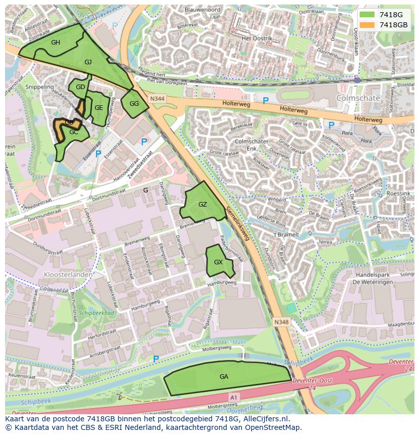 Afbeelding van het postcodegebied 7418 GB op de kaart.