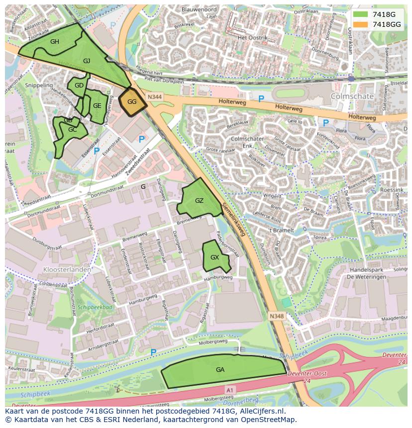 Afbeelding van het postcodegebied 7418 GG op de kaart.