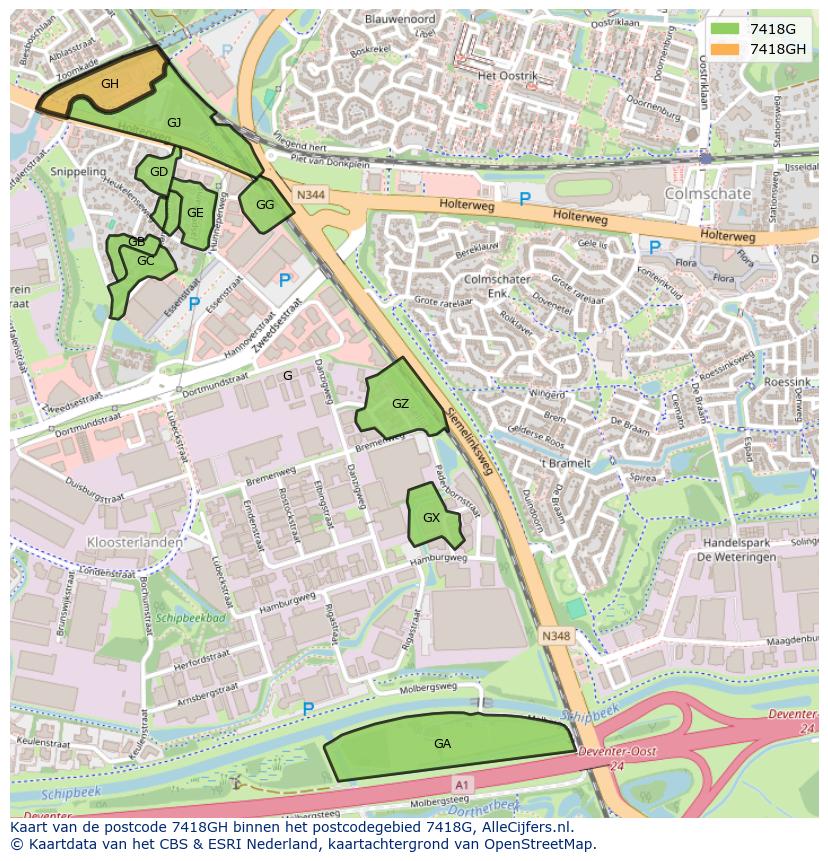 Afbeelding van het postcodegebied 7418 GH op de kaart.