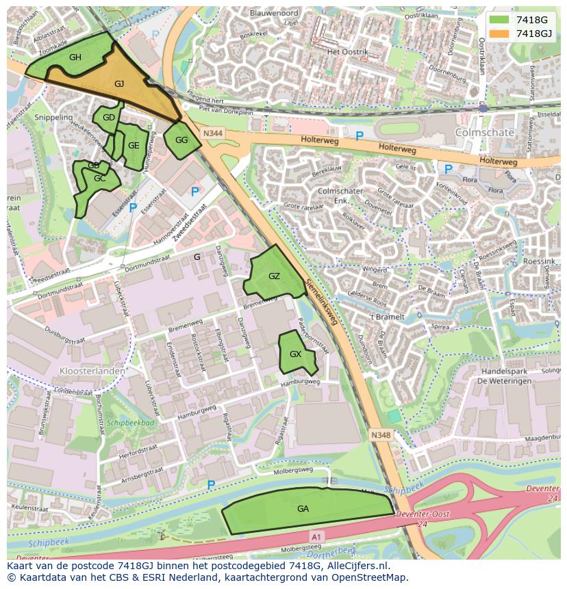 Afbeelding van het postcodegebied 7418 GJ op de kaart.