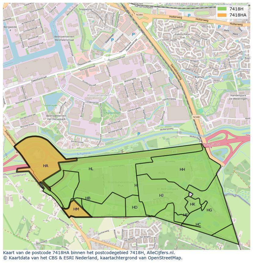 Afbeelding van het postcodegebied 7418 HA op de kaart.