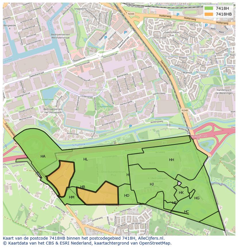Afbeelding van het postcodegebied 7418 HB op de kaart.
