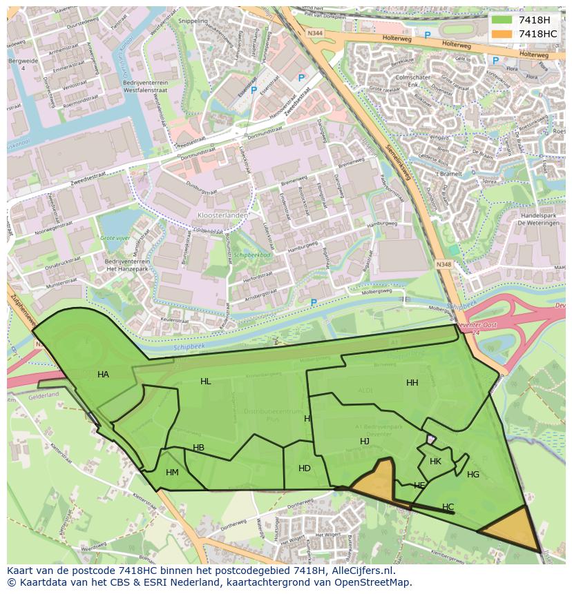 Afbeelding van het postcodegebied 7418 HC op de kaart.