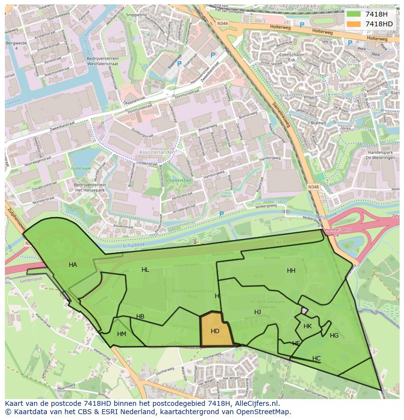 Afbeelding van het postcodegebied 7418 HD op de kaart.