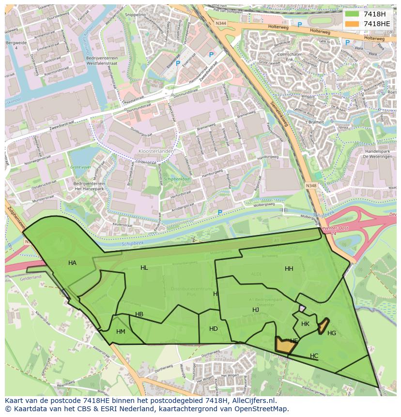 Afbeelding van het postcodegebied 7418 HE op de kaart.