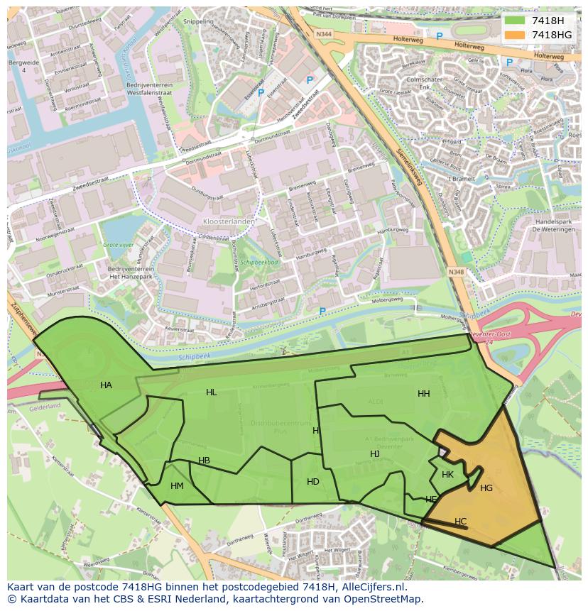Afbeelding van het postcodegebied 7418 HG op de kaart.