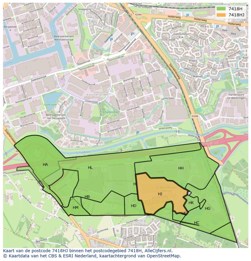 Afbeelding van het postcodegebied 7418 HJ op de kaart.