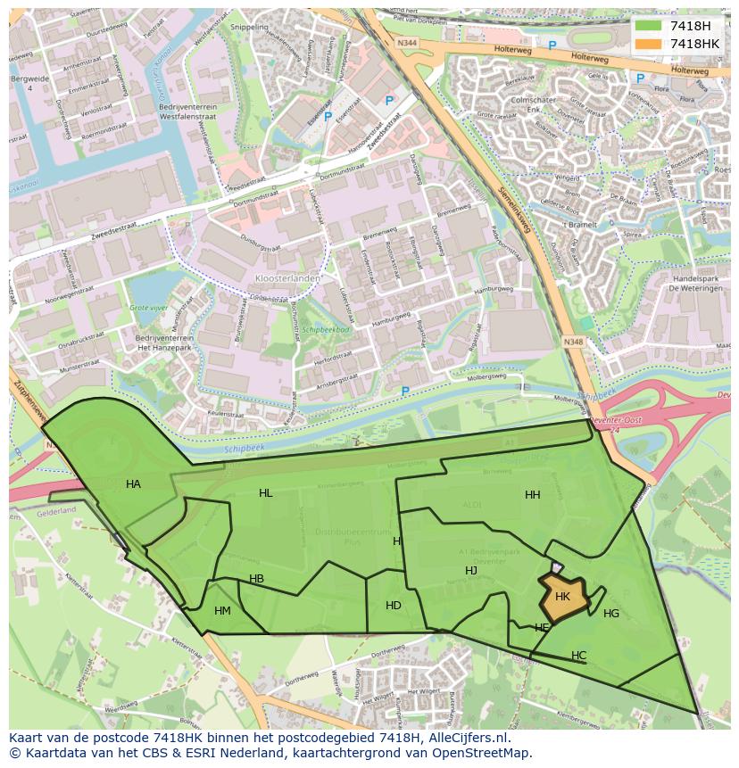 Afbeelding van het postcodegebied 7418 HK op de kaart.