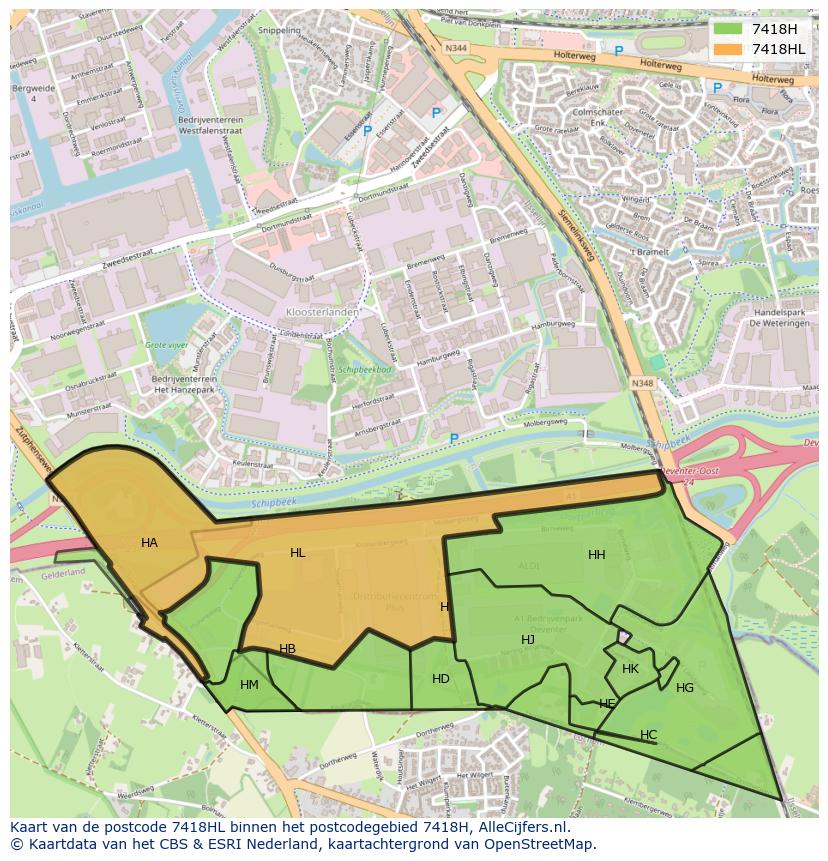 Afbeelding van het postcodegebied 7418 HL op de kaart.