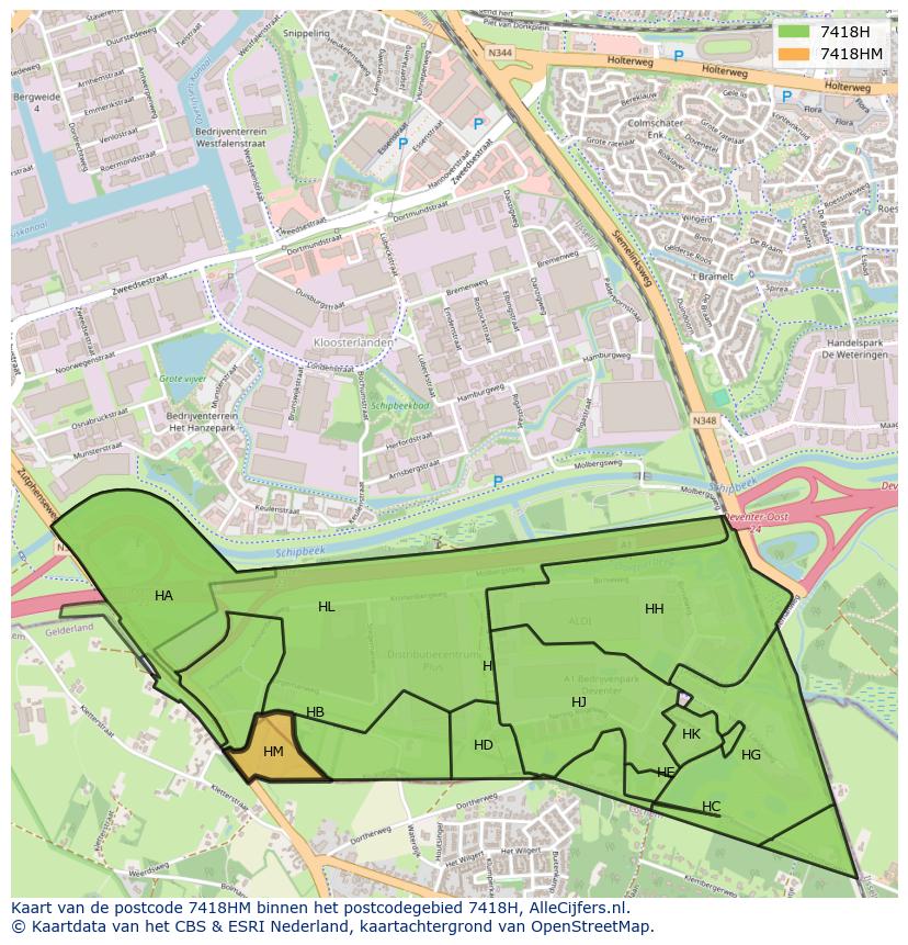 Afbeelding van het postcodegebied 7418 HM op de kaart.
