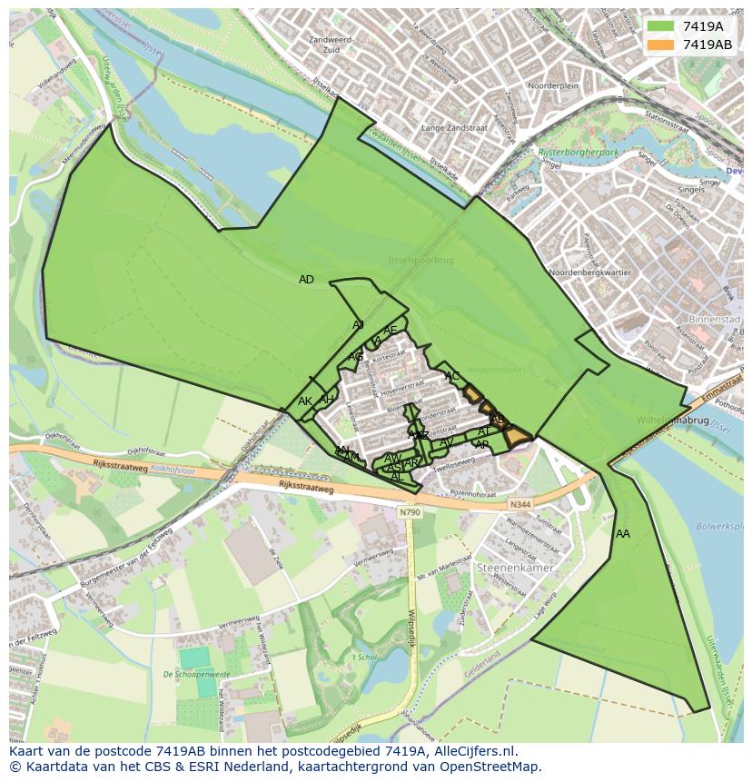 Afbeelding van het postcodegebied 7419 AB op de kaart.