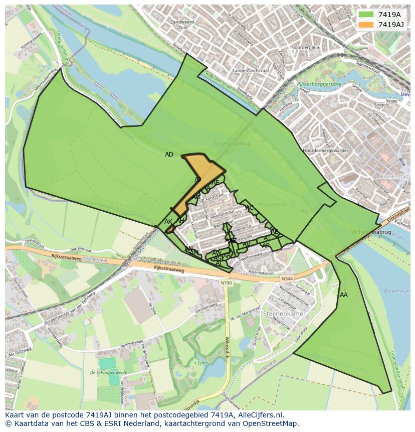 Afbeelding van het postcodegebied 7419 AJ op de kaart.